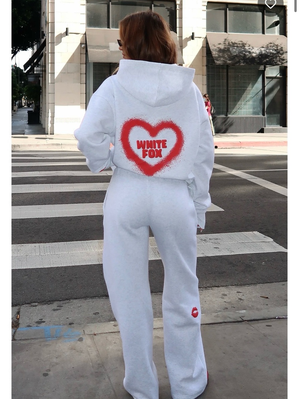 White Fox Boutique White Cropped Hoodie with Red Heart Graphic